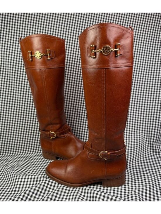 Tory Burch Shoes - Tory Burch Nadine Brown Leather Riding Boots Womens 7 M Tall Gold Logo